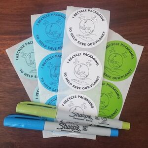 3/$15 50 RECYCLE PACKAGING STICKERS LARGE ROUND TWO INCH BLUE GREEN WHITE